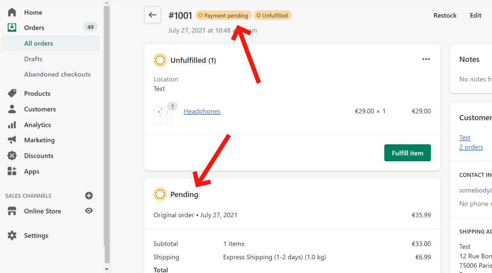 How a Cash on Delivery order appears on Shopify Admin