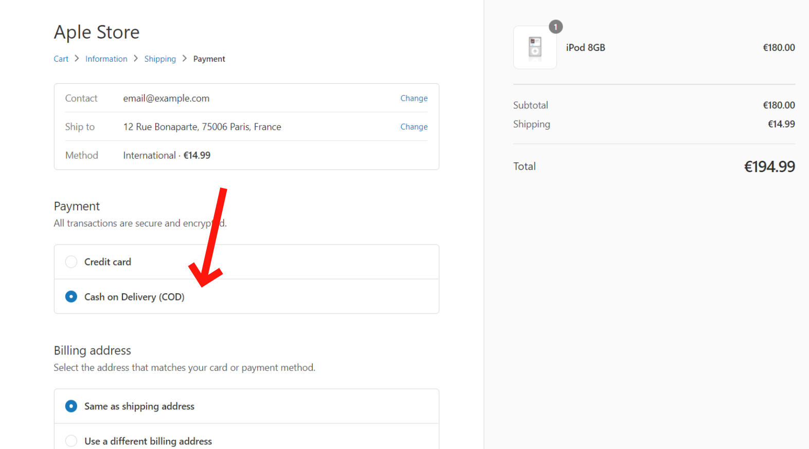 How Cash on Delivery appears on Shopify checkout