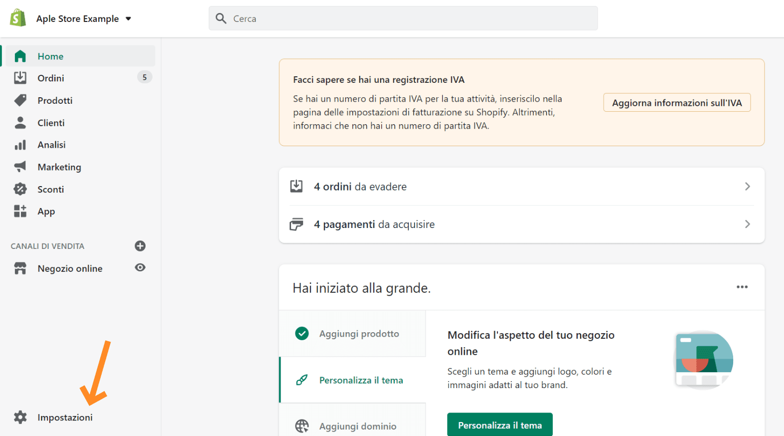 Vai nelle Impostazioni del tuo negozio