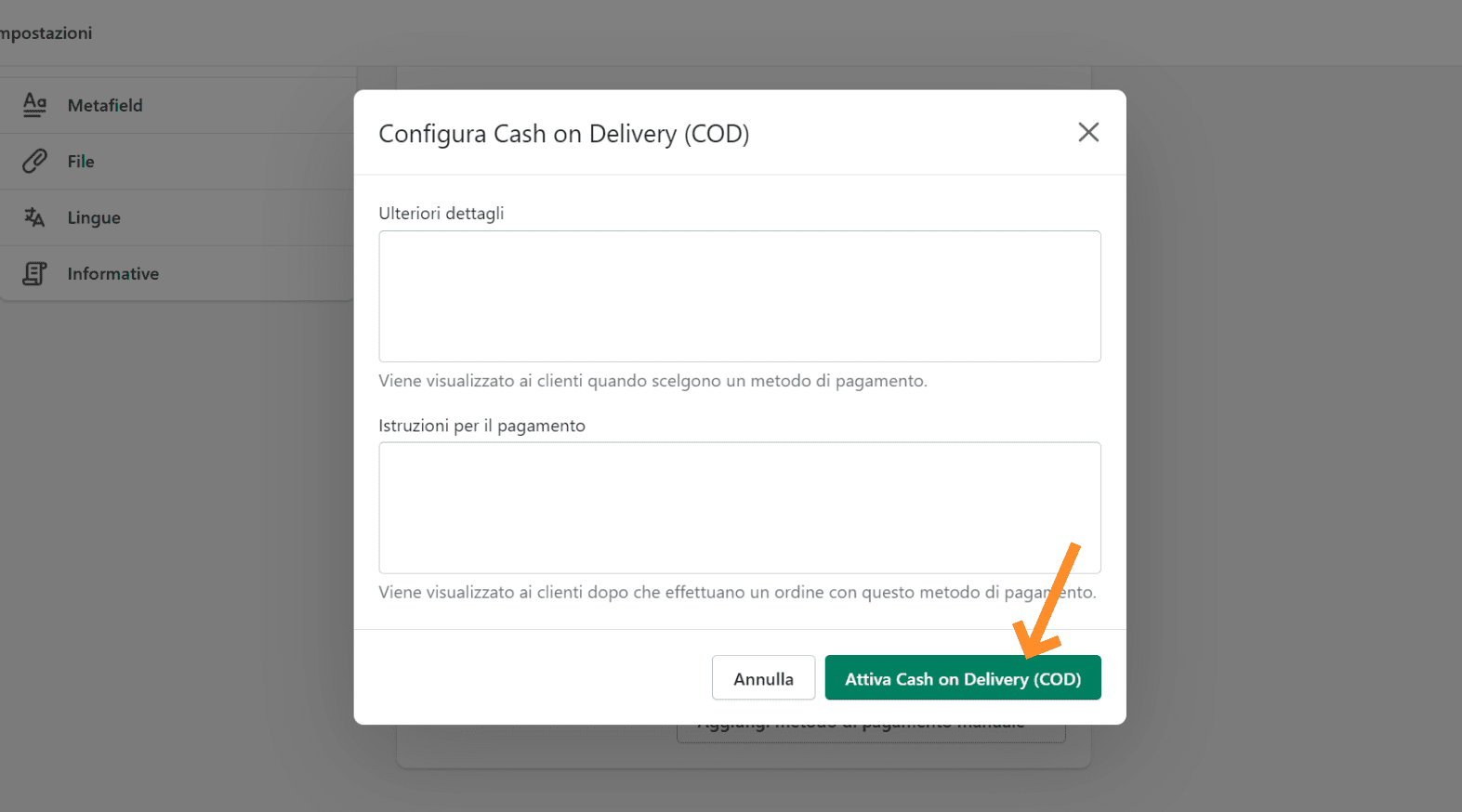 Attiva il metodo di pagamento