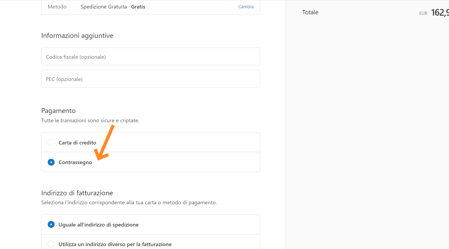 Come appare il contrassegno in contrassegno al momento del checkout