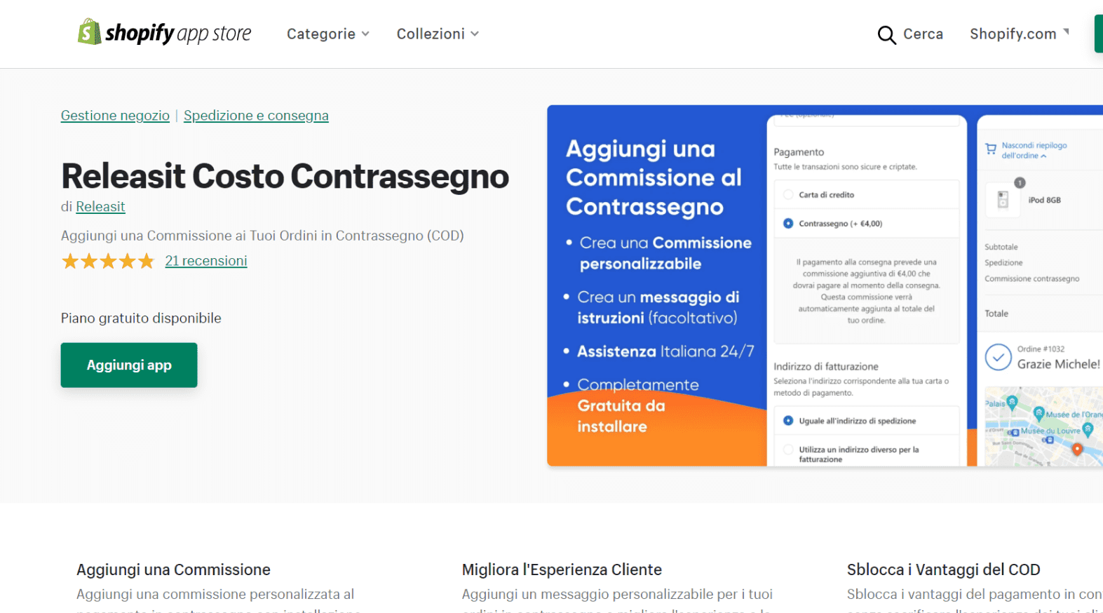 Installa Releasit Costo Contrassegno dall'App Store di Shopify