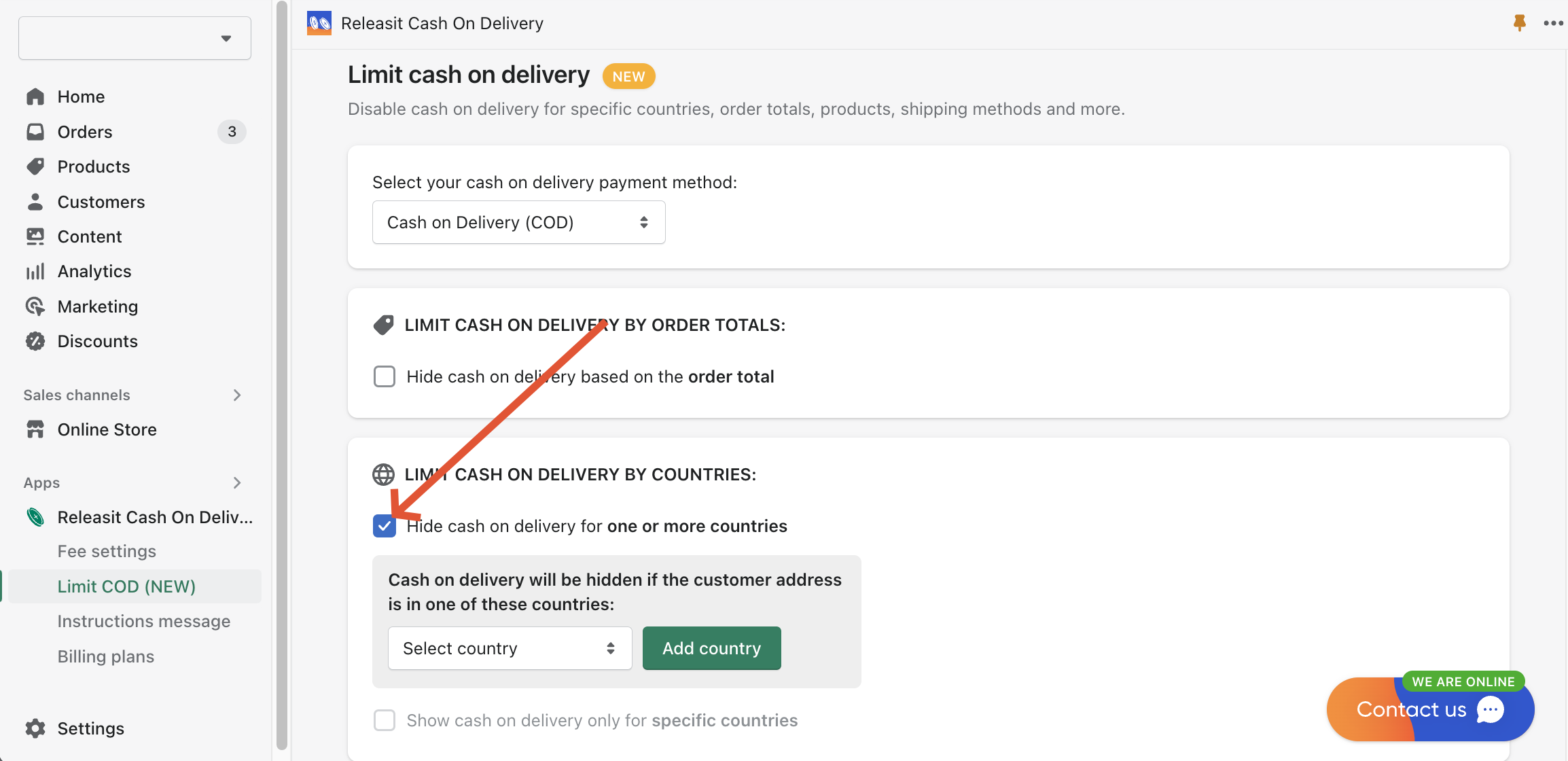 Releasit Cash On Delivery Limit COD page hide for countries option