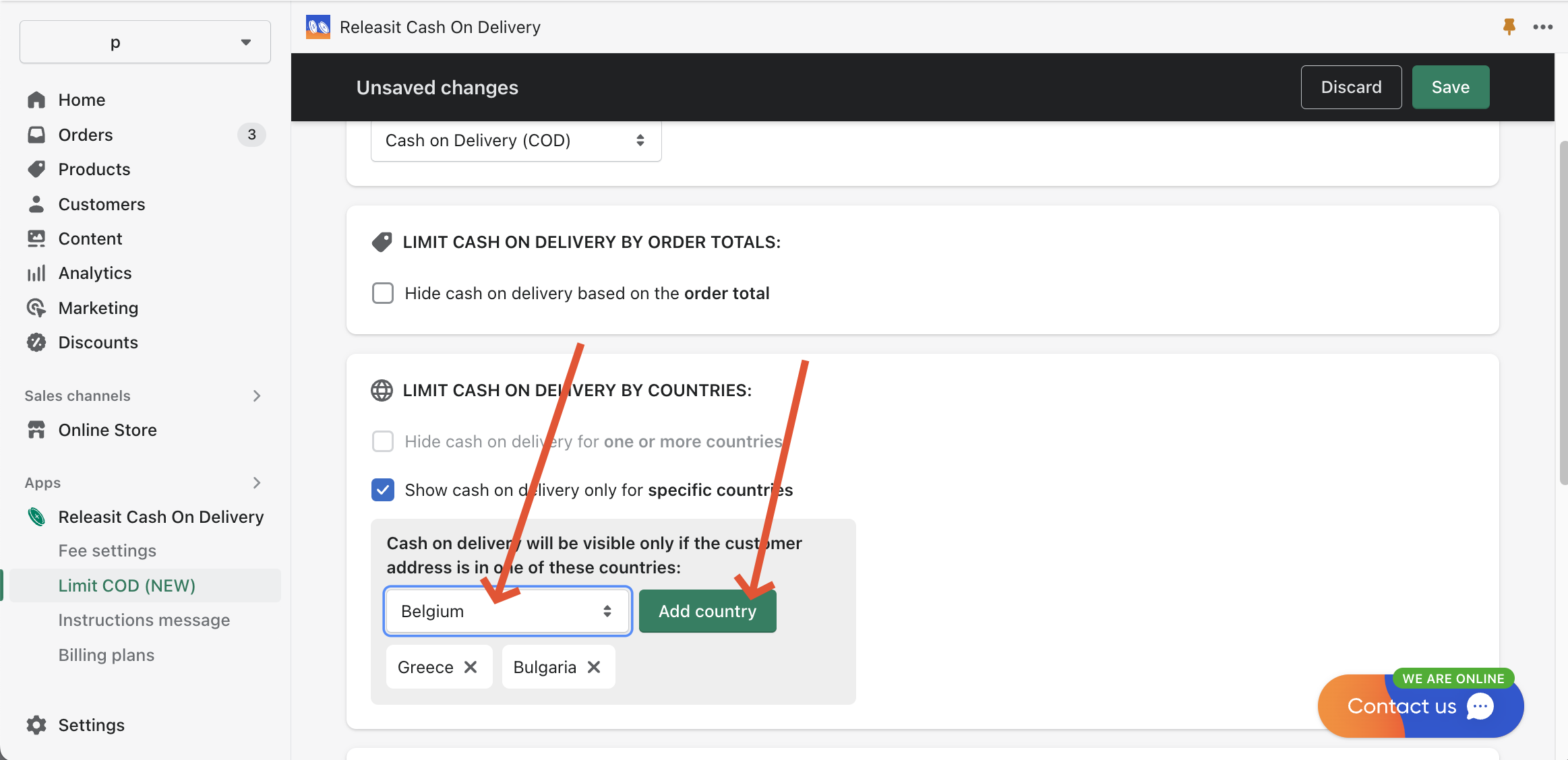 Releasit Cash On Delivery Limit COD page show selection of countries