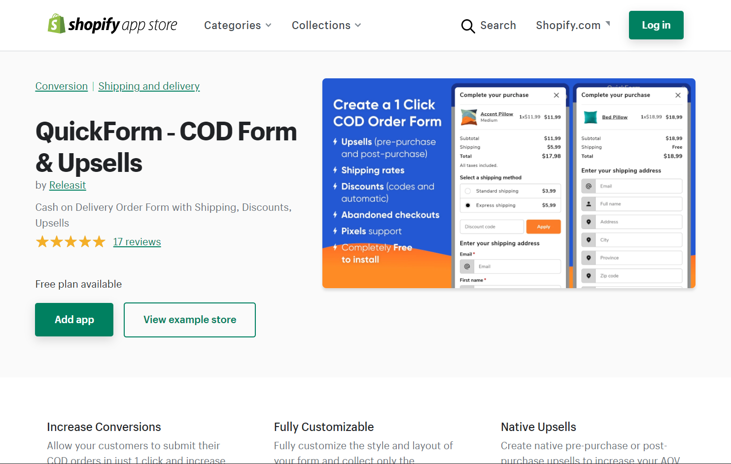 Releasit COD Form & Upsells app on Shopify App Store